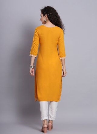 Mustard Chikankari and Embroidered Work Rayon Designer Kurti