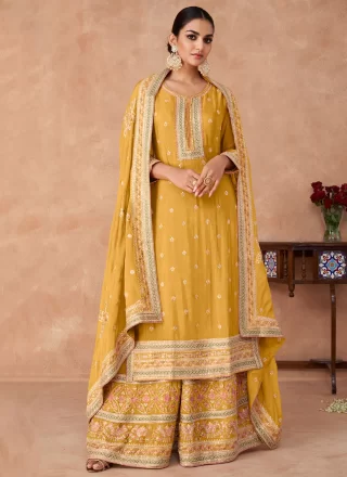 Mustard Chinon Embroidered and Sequins Work Salwar Suit for Engagement