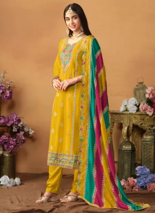 Mustard Chinon Embroidered and Sequins Work Trendy Suit for Ceremonial