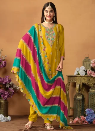 Mustard Chinon Embroidered and Sequins Work Trendy Suit for Ceremonial