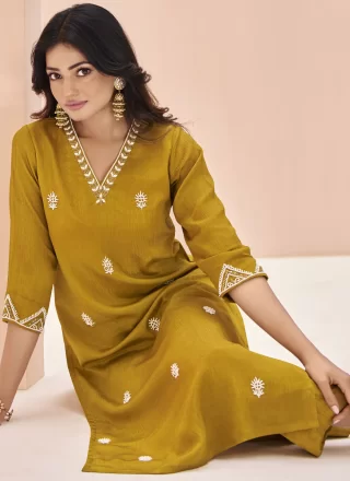 Mustard Chinon Embroidered Work Designer Kurti