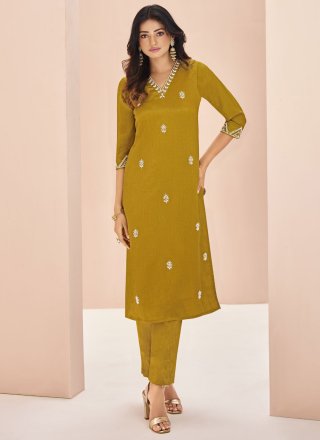 Mustard Chinon Embroidered Work Designer Kurti