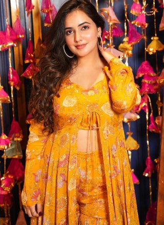 Mustard Chinon Jacket Style Suit with Digital Print Work