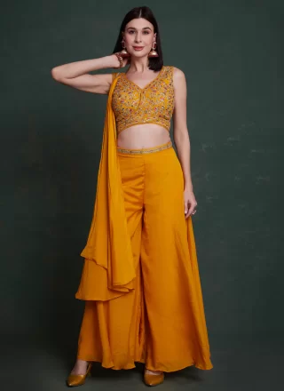 Mustard Chinon Trendy Suit with Embroidered and Sequins Work for Women