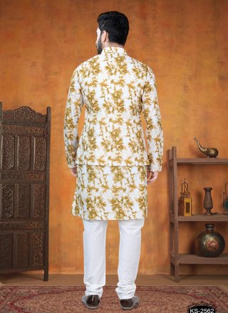 Mustard Cotton Kurta Payjama with Jacket with Print Work
