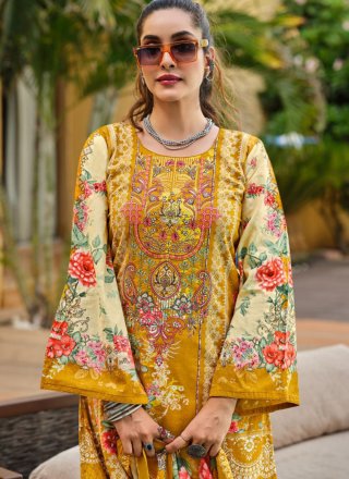 Mustard Cotton Lawn Digital Print and Embroidered Work Salwar Suit for Women