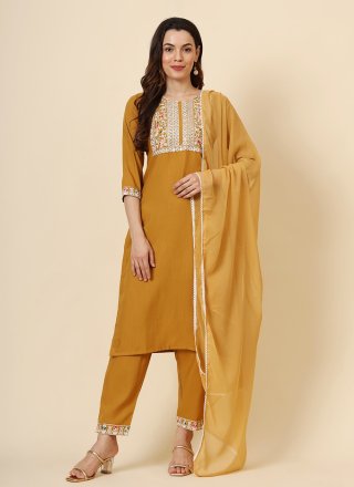 Mustard Cotton Pant Style Suit with Embroidered Work