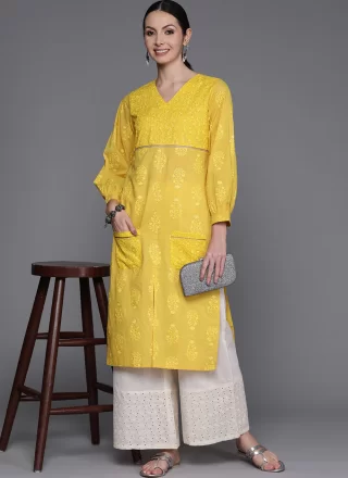 Mustard Cotton Print Work Designer Kurti for Women