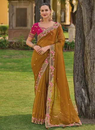 Mustard Cut, Embroidered and Sequins Work Organza Trendy Saree
