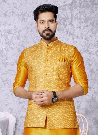 Mustard Digital Print Work Cotton Nehru Jackets