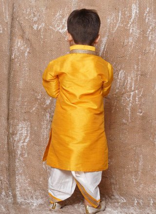 Mustard Dupion Silk Dhoti Kurta with Embroidered Work for Kid