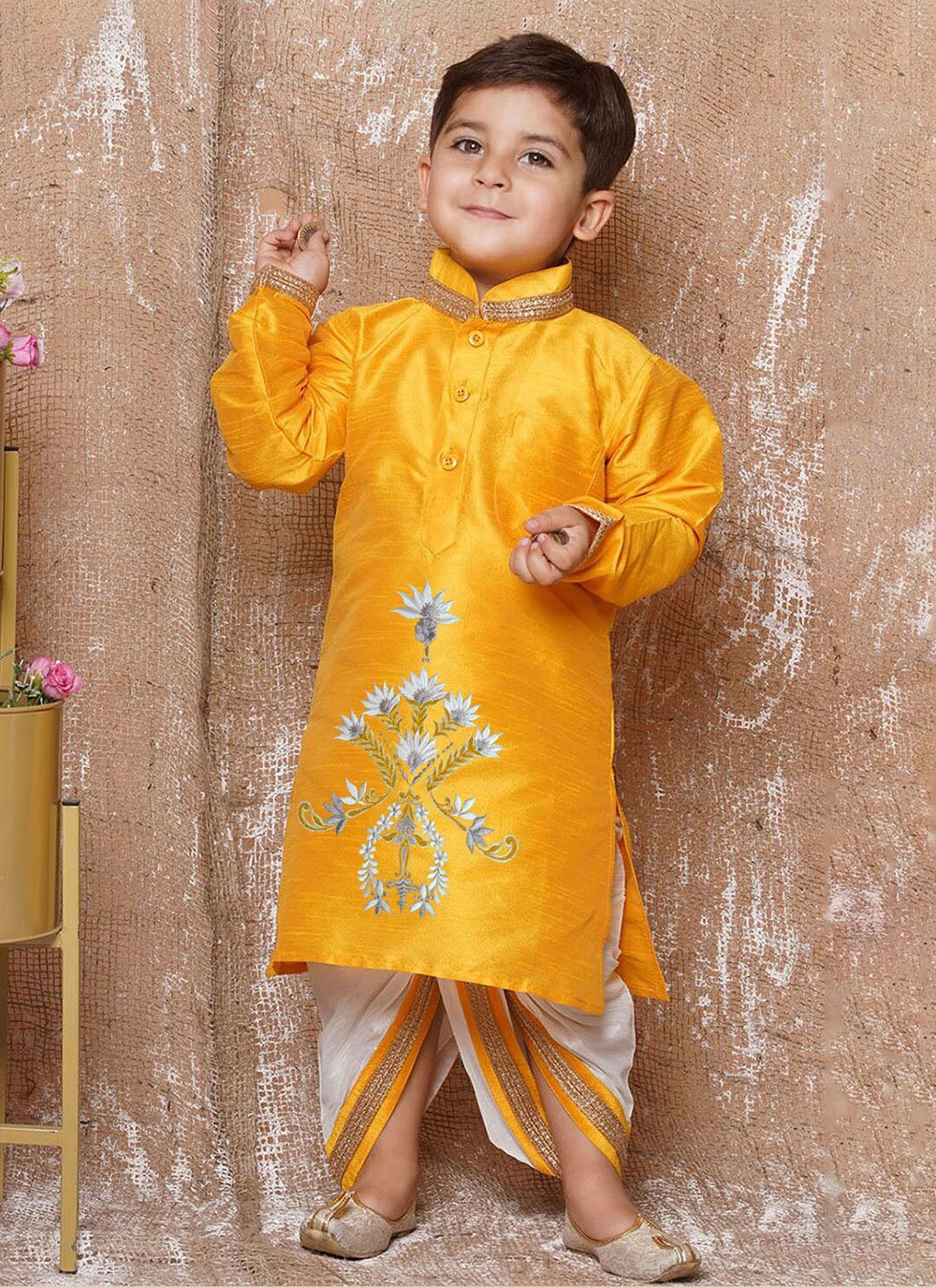 Mustard Dupion Silk Dhoti Kurta with Embroidered Work for Kid Buy Online