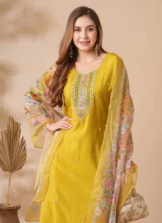 Mustard Embroidered and Print Work Chanderi Pant Style Suit