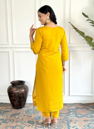 Mustard Embroidered and Print Work Chanderi Salwar Suit