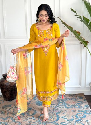 Mustard Embroidered and Print Work Chanderi Salwar Suit