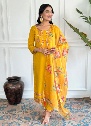 Mustard Embroidered and Print Work Chanderi Salwar Suit