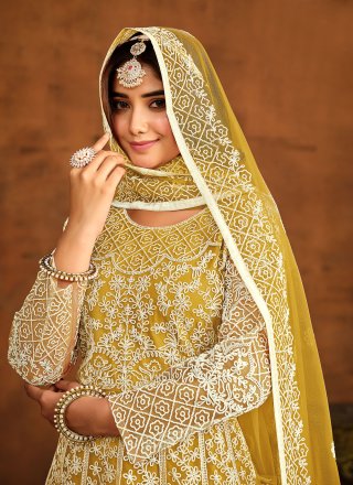 Mustard Embroidered and Resham Work Net Salwar Suit
