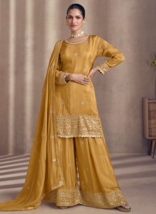 Mustard Embroidered, Sequins and Zari Work Georgette Readymade Salwar Suit