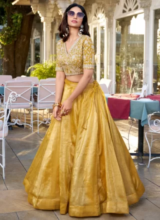 Mustard Fancy Fabric Plain Work Readymade Lehenga Choli for Women