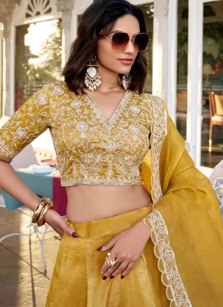 Mustard Fancy Fabric Plain Work Readymade Lehenga Choli for Women