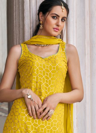 Mustard Faux Georgette Embroidered and Sequins Work Salwar Suit for Ceremonial