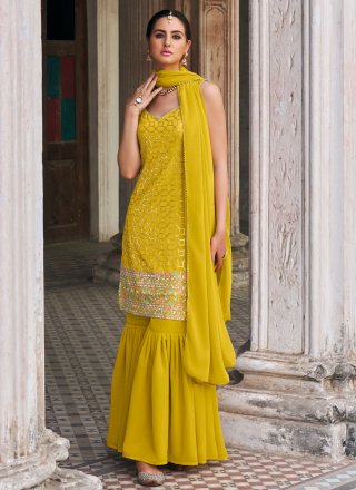 Mustard Faux Georgette Embroidered and Sequins Work Salwar Suit for Ceremonial