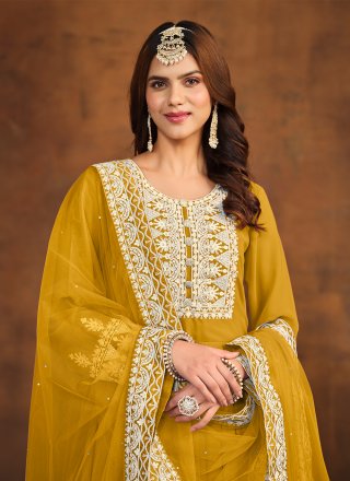Mustard Faux Georgette Embroidered Work Salwar Suit