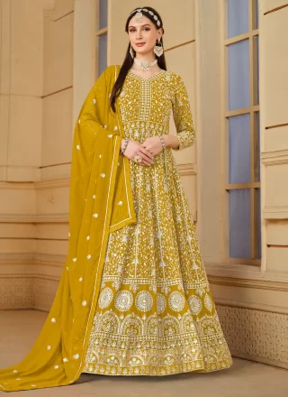 Mustard Faux Georgette Embroidered Work Trendy Suit for Party