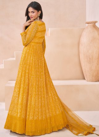 Mustard Faux Georgette Salwar Suit with Embroidered Work