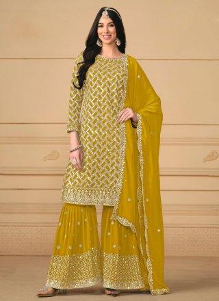 Mustard Faux Georgette Salwar Suit with Embroidered Work for Ceremonial