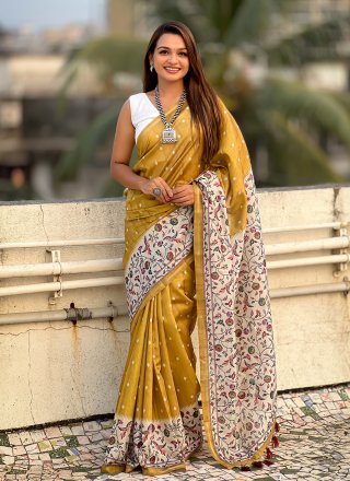 Mustard Floral Patch Work Silk Classic Saree