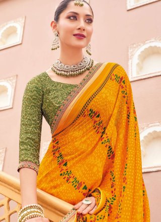 Mustard Georgette Designer Sari with Lace and Print Work