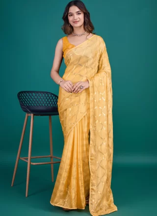 Mustard Georgette Embroidered and Sequins Work Contemporary Saree
