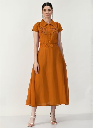 Mustard Georgette Embroidered Work Casual Kurti for Women