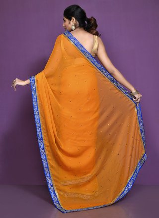 Mustard Georgette Embroidered Work Contemporary Sari for Women