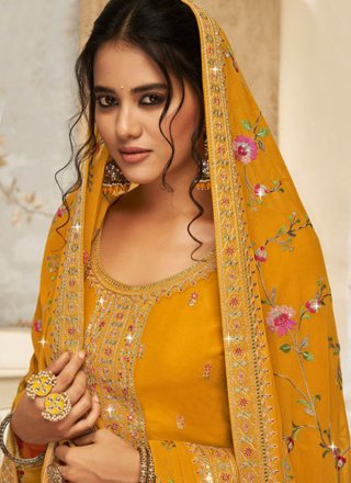 Mustard Georgette Embroidered Work Trendy Suit for Ceremonial