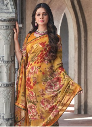 Mustard Georgette Floral Patch Work Trendy Saree for Women