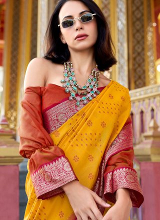 Mustard Handloom Silk Patola Print, Weaving and Zari Work Classic Saree for Ceremonial