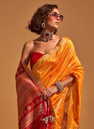 Mustard Handloom Silk Weaving Work Classic Saree for Women