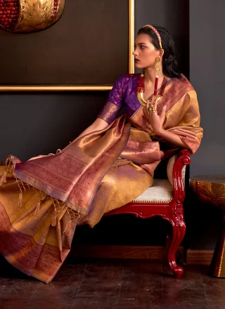 Mustard Handloom Silk Weaving Work Silk Saree for Ceremonial