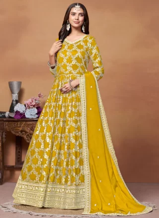Mustard Jacquard Anarkali Suit with Embroidered and Zari Work