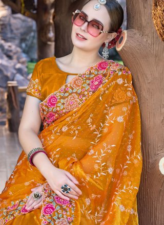 Mustard JIMMY CHU Designer Sari with Embroidered, Resham and Swarovski Work