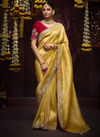 Mustard Kanjivaram Silk Contemporary Sari with Embroidered, Weaving and Zari Work