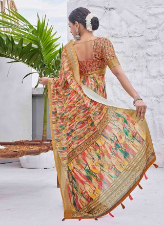 Mustard Linen Digital Print Work Classic Sari for Casual
