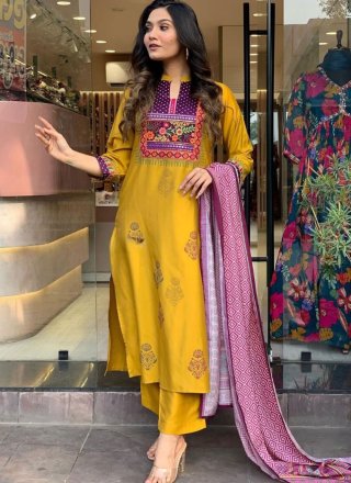 Mustard Muslin Embroidered Work Salwar Suit for Casual