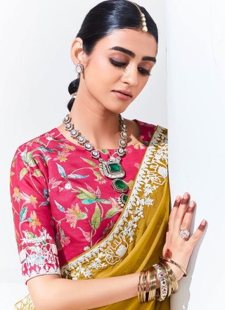 Mustard Organza Contemporary Sari with Embroidered Work for Ceremonial