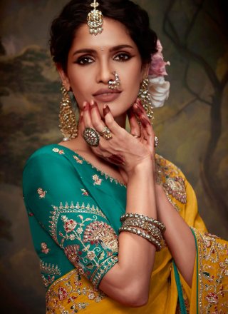 Mustard Organza Embroidered, Thread and Zari Work Contemporary Saree for Ceremonial