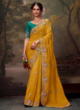 Mustard Organza Embroidered, Thread and Zari Work Contemporary Saree for Ceremonial