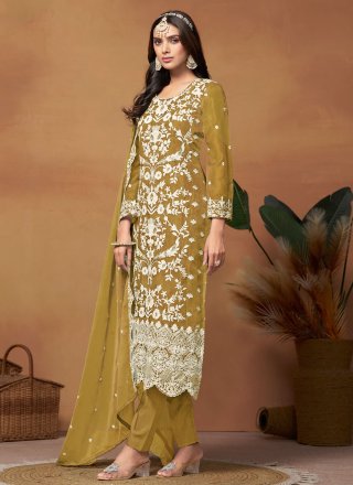 Mustard Organza Salwar Suit with Embroidered and Sequins Work