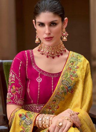 Mustard Patch Border and Embroidered Work Organza Contemporary Saree